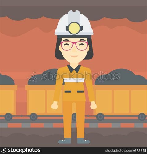 An asian confident coal miner. A female miner in hardhat with torch. Miner standing on the background of mining tunnel with cart full of coal. Vector flat design illustration. Square layout.. Confident miner in hardhat vector illustration.