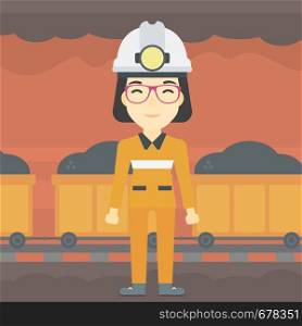 An asian confident coal miner. A female miner in hardhat with torch. Miner standing on the background of mining tunnel with cart full of coal. Vector flat design illustration. Square layout.. Confident miner in hardhat vector illustration.