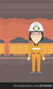 An asian confident coal miner. A female miner in hardhat with torch. Miner standing on the background of mining tunnel with cart full of coal. Vector flat design illustration. Vertical layout.. Confident miner in hardhat vector illustration.