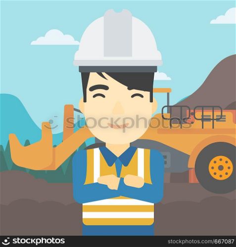 An asian confident coal miner. A miner standing in front of a big mining equipment on the background of coal mine. Vector flat design illustration. Square layout.. Miner with mining equipment on background.