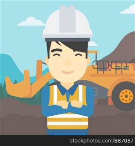 An asian confident coal miner. A miner standing in front of a big mining equipment on the background of coal mine. Vector flat design illustration. Square layout.. Miner with mining equipment on background.