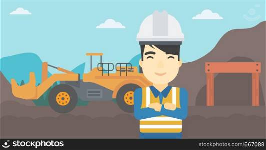 An asian confident coal miner. A miner standing in front of a big mining equipment on the background of coal mine. Vector flat design illustration. Horizontal layout.. Miner with mining equipment on background.