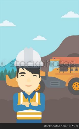 An asian confident coal miner. A miner standing in front of a big mining equipment on the background of coal mine. Vector flat design illustration. Vertical layout.. Miner with mining equipment on background.