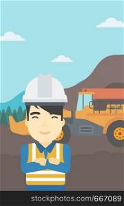 An asian confident coal miner. A miner standing in front of a big mining equipment on the background of coal mine. Vector flat design illustration. Vertical layout.. Miner with mining equipment on background.