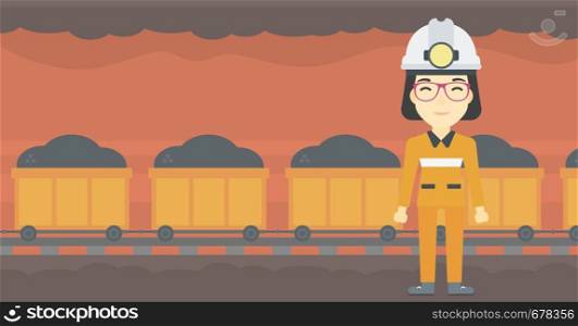 An asian confident coal miner. Female miner in hardhat with torch. Miner standing on the background of mining tunnel with cart full of coal. Vector flat design illustration. Horizontal layout.. Confident miner in hardhat vector illustration.