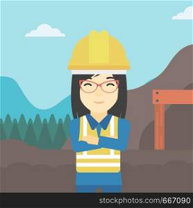 An asian confident coal miner. Female miner standing in front of a big mining equipment on the background of coal mine. Vector flat design illustration. Square layout.. Miner with mining equipment on background.