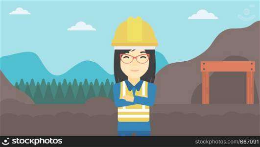 An asian confident coal miner. Female miner standing in front of a big mining equipment on the background of coal mine. Vector flat design illustration. Horizontal layout.. Miner with mining equipment on background.