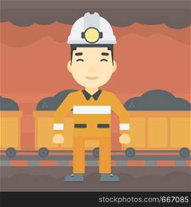 An asian confident coal miner. Male miner in hardhat with torch. Miner standing on the background of mining tunnel with cart full of coal. Vector flat design illustration. Square layout.. Confident miner in hardhat vector illustration.
