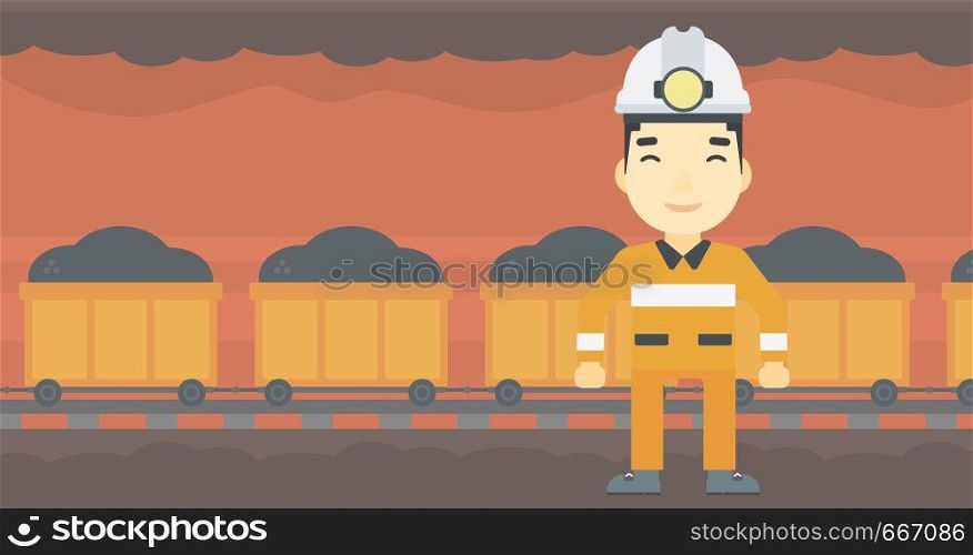 An asian confident coal miner. Male miner in hardhat with torch. Miner standing on the background of mining tunnel with cart full of coal. Vector flat design illustration. Horizontal layout.. Confident miner in hardhat vector illustration.