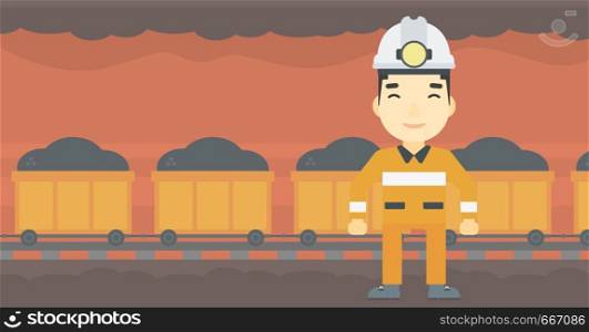 An asian confident coal miner. Male miner in hardhat with torch. Miner standing on the background of mining tunnel with cart full of coal. Vector flat design illustration. Horizontal layout.. Confident miner in hardhat vector illustration.