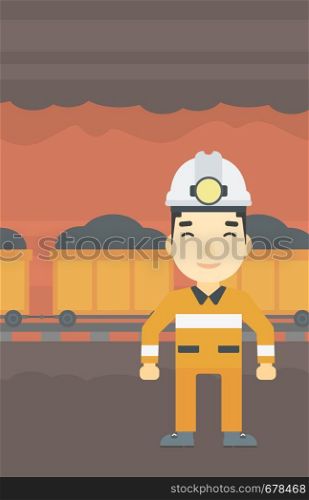 An asian confident coal miner. Male miner in hardhat with torch. Miner standing on the background of mining tunnel with cart full of coal. Vector flat design illustration. Vertical layout.. Confident miner in hardhat vector illustration.