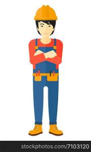 An asian constructor standing with arms crossed vector flat design illustration isolated on white background. . Friendly builder with arms crossed.
