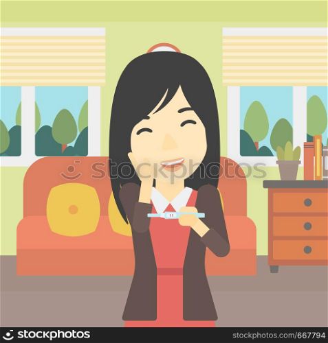 An asian delighted woman looking at positive pregnancy test on the background of living room. Young woman checking pregnancy test. Vector flat design illustration. Square layout.. Woman with pregnancy test vector illustration.