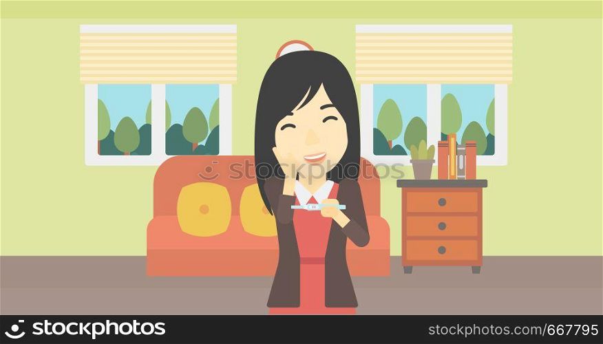 An asian delighted woman looking at positive pregnancy test on the background of living room. Young woman checking pregnancy test. Vector flat design illustration. Horizontal layout.. Woman with pregnancy test.