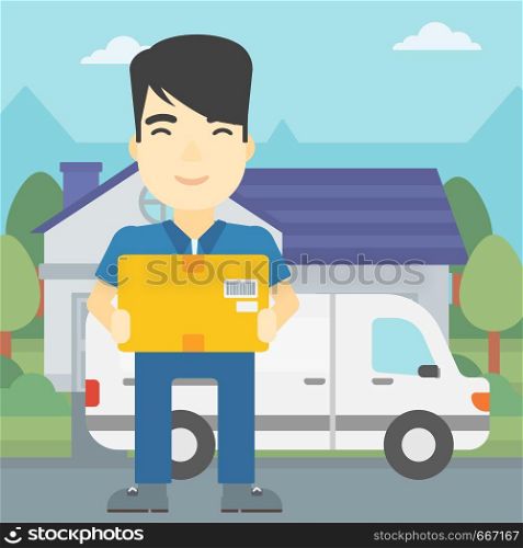 An asian delivery man with box on background of delivery truck. Delivery man carrying cardboard box. Man with a box in his hands. Vector flat design illustration. Square layout.. Delivery man carrying cardboard boxes.