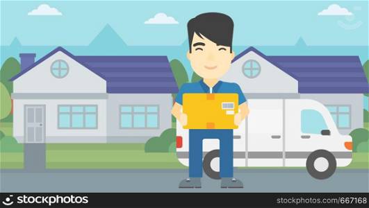 An asian delivery man with box on background of delivery truck. Delivery man carrying cardboard box. Man with a box in his hands. Vector flat design illustration. Horizontal layout.. Delivery man carrying cardboard boxes.
