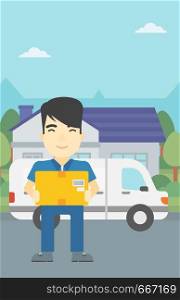 An asian delivery man with box on background of delivery truck. Delivery man carrying cardboard box. Man with a box in his hands. Vector flat design illustration. Vertical layout.. Delivery man carrying cardboard boxes.