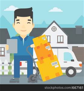 An asian delivery man with cardboard boxes on troley. Delivery man with clipboard. Man standing in front of delivery van. Vector flat design illustration. Square layout.. Delivery man with cardboard boxes.