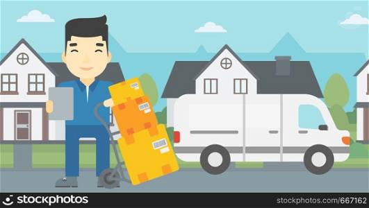 An asian delivery man with cardboard boxes on troley. Delivery man with clipboard. Man standing in front of delivery van. Vector flat design illustration. Horizontal layout.. Delivery man with cardboard boxes.