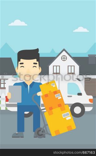 An asian delivery man with cardboard boxes on troley. Delivery man with clipboard. Man standing in front of delivery van. Vector flat design illustration. Vertical layout.. Delivery man with cardboard boxes.