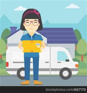An asian delivery woman with a cardboard box standing on background of delivery truck. Woman with a cardboard box in her hands. Vector flat design illustration. Square layout.. Delivery woman carrying cardboard boxes.