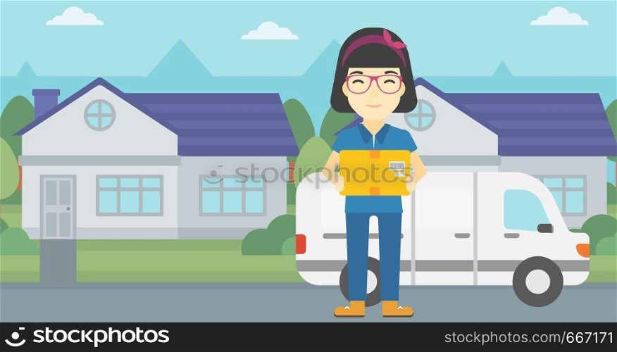 An asian delivery woman with a cardboard box standing on background of delivery truck. Woman with a cardboard box in her hands. Vector flat design illustration. Horizontal layout.. Delivery woman carrying cardboard boxes.