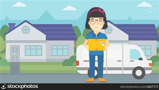 An asian delivery woman with a cardboard box standing on background of delivery truck. Woman with a cardboard box in her hands. Vector flat design illustration. Horizontal layout.. Delivery woman carrying cardboard boxes.