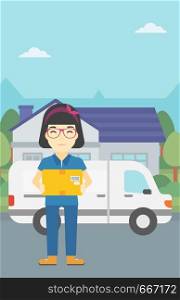An asian delivery woman with a cardboard box standing on background of delivery truck. Woman with a cardboard box in her hands. Vector flat design illustration. Vertical layout.. Delivery woman carrying cardboard boxes.