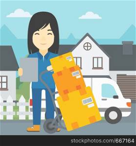 An asian delivery woman with cardboard boxes on troley. Delivery woman with clipboard. Woman standing in front of delivery van. Vector flat design illustration. Square layout.. Delivery woman with cardboard boxes.