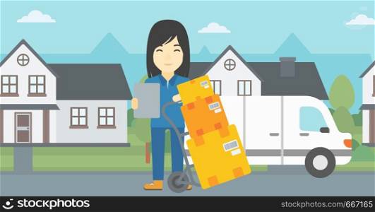 An asian delivery woman with cardboard boxes on troley. Delivery woman with clipboard. Woman standing in front of delivery van. Vector flat design illustration. Horizontal layout.. Delivery woman with cardboard boxes.