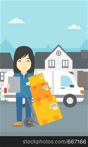 An asian delivery woman with cardboard boxes on troley. Delivery woman with clipboard. Woman standing in front of delivery van. Vector flat design illustration. Vertical layout.. Delivery woman with cardboard boxes.