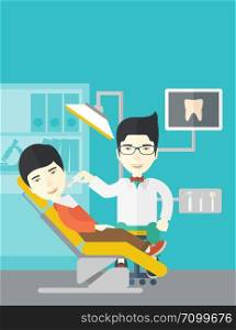 An asian dentist man examines a patient teeth in the clinic vector flat design illustration. Vertical layout with a text space.. Patient and dentist.