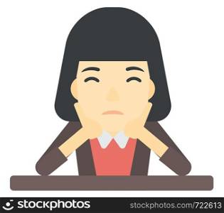 An asian disappointed young woman sitting at the table and clutching her head vector flat design illustration isolated on white background. . Woman clutching her head in desperate.