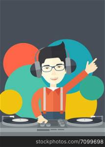 An asian DJ wearing headphones and glasses with hand up playing vinyl vector flat design illustration. Vertical layout with a text space.. DJ with console.