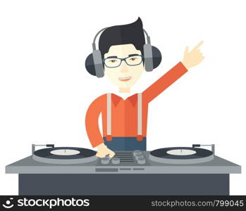 An asian DJ wearing headphones and glasses with hand up playing vinyl vector flat design illustration isolated on white background. Horizontal layout.. DJ with console.