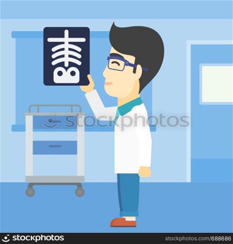 An asian doctor examining a radiograph. Doctor looking at a chest radiograph in the medical office. Doctor observing a skeleton radiograph. Vector flat design illustration. Square layout.. Doctor examining radiograph vector illustration.