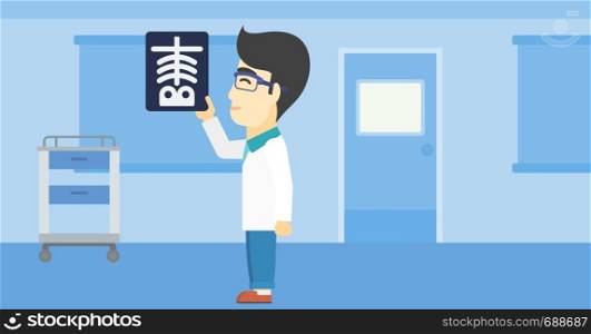 An asian doctor examining a radiograph. Doctor looking at a chest radiograph in the medical office. Doctor observing a skeleton radiograph. Vector flat design illustration. Horizontal layout.. Doctor examining radiograph vector illustration.