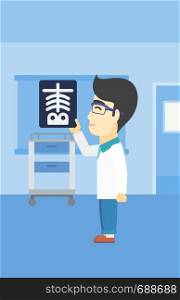 An asian doctor examining a radiograph. Doctor looking at a chest radiograph in the medical office. Doctor observing a skeleton radiograph. Vector flat design illustration. Vertical layout.. Doctor examining radiograph vector illustration.