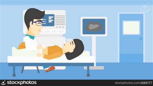 An asian doctor examining internal organs of a female patient on the ultrasound. Doctor working on modern ultrasound equipment at medical office. Vector flat design illustration. Horizontal layout.. Patient during ultrasound examination.