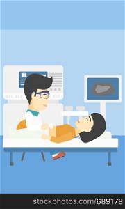 An asian doctor examining internal organs of a female patient on the ultrasound. Doctor working on modern ultrasound equipment at medical office. Vector flat design illustration. Vertical layout.. Patient during ultrasound examination.