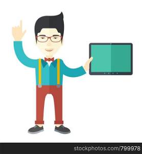 An asian doctor in glasses holding a tablet and pointing finger up vector flat design illustration isolated on white background. Square layout.. Doctor with tablet.