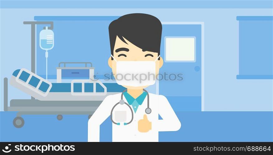 An asian doctor in mask giving thumbs up. Happy doctor with thumbs up in the hospital room. Doctor showing thumbs up gesture. Vector flat design illustration. Horizontal layout.. Doctor giving thumb up vector illustration.