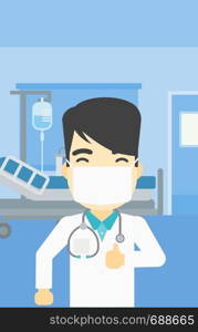 An asian doctor in mask giving thumbs up. Happy doctor with thumbs up in the hospital room. Doctor showing thumbs up gesture. Vector flat design illustration. Vertical layout.. Doctor giving thumb up vector illustration.