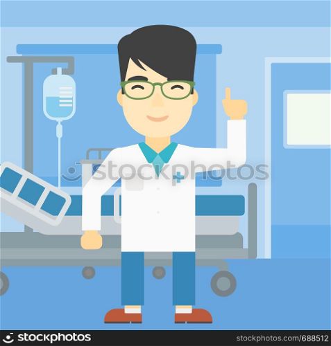 An asian doctor in medical gown showing finger up. Doctor with finger up in the hospital ward. Man in doctor uniform pointing finger up. Vector flat design illustration. Square layout.. Doctor showing finger up vector illustration.