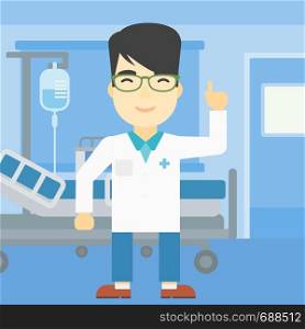 An asian doctor in medical gown showing finger up. Doctor with finger up in the hospital ward. Man in doctor uniform pointing finger up. Vector flat design illustration. Square layout.. Doctor showing finger up vector illustration.