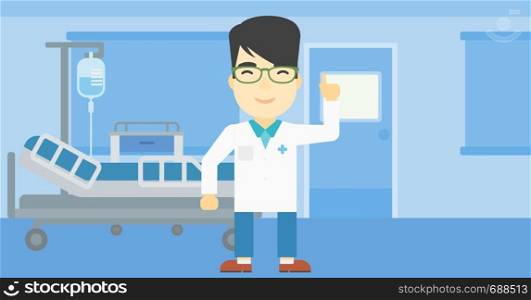 An asian doctor in medical gown showing finger up. Doctor with finger up in the hospital ward. Man in doctor uniform pointing finger up. Vector flat design illustration. Horizontal layout.. Doctor showing finger up vector illustration.