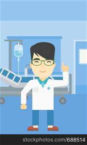 An asian doctor in medical gown showing finger up. Doctor with finger up in the hospital ward. Man in doctor uniform pointing finger up. Vector flat design illustration. Vertical layout.. Doctor showing finger up vector illustration.