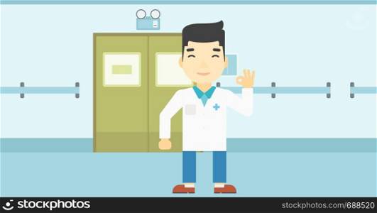 An asian doctor in medical gown showing ok sign in the hospital corridor. Vector flat design illustration. Horizontal layout.. Doctor showing ok sign vector illustration.