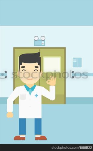 An asian doctor in medical gown showing ok sign in the hospital corridor. Vector flat design illustration. Vertical layout.. Doctor showing ok sign vector illustration.