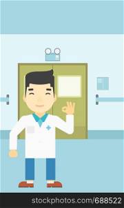 An asian doctor in medical gown showing ok sign in the hospital corridor. Vector flat design illustration. Vertical layout.. Doctor showing ok sign vector illustration.